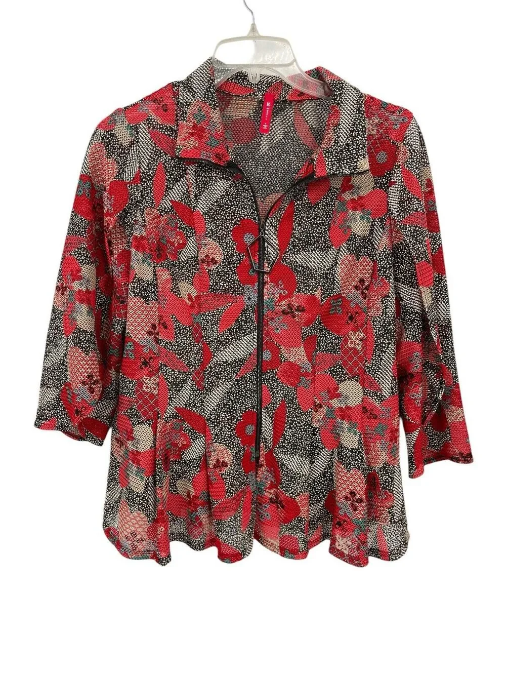 IC By Connie K Jacket Topper Red Floral Zip Front 3/4 Sleeves Size Large